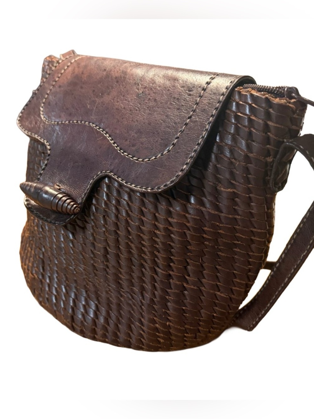 Vintage Jennifer Moore Woven Leather Crossbody Bag Brown Boho Chic